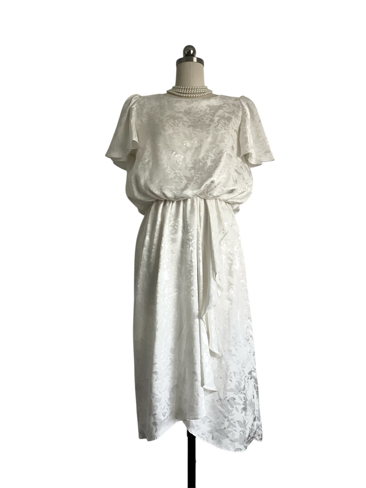 Vtg 80s Bruce Wayne USA Off White Print Ruched Dynasty Day Dress Party Wedding S