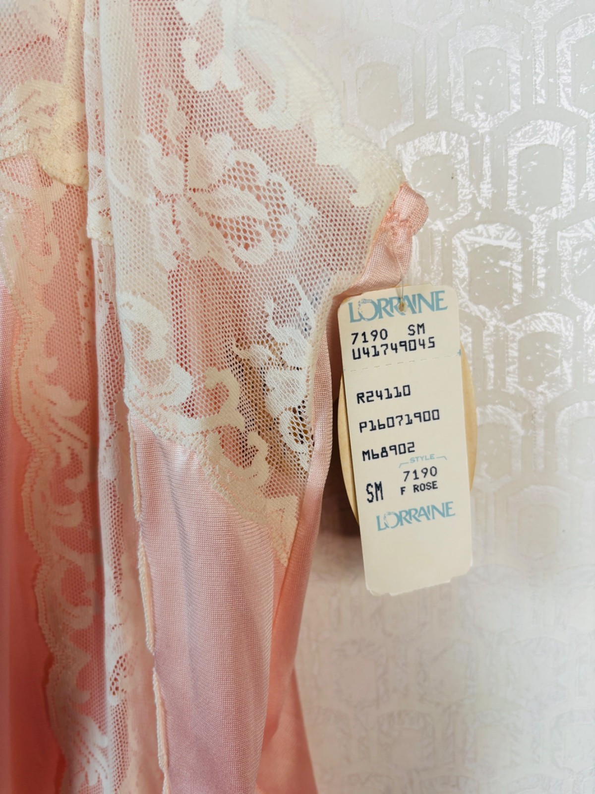 NOS VTG LORRAINE PEACHY-PINK WHITE LACE TRIM SIDE SLIT NEGLIGEE LONG NIGHTGOWN*S