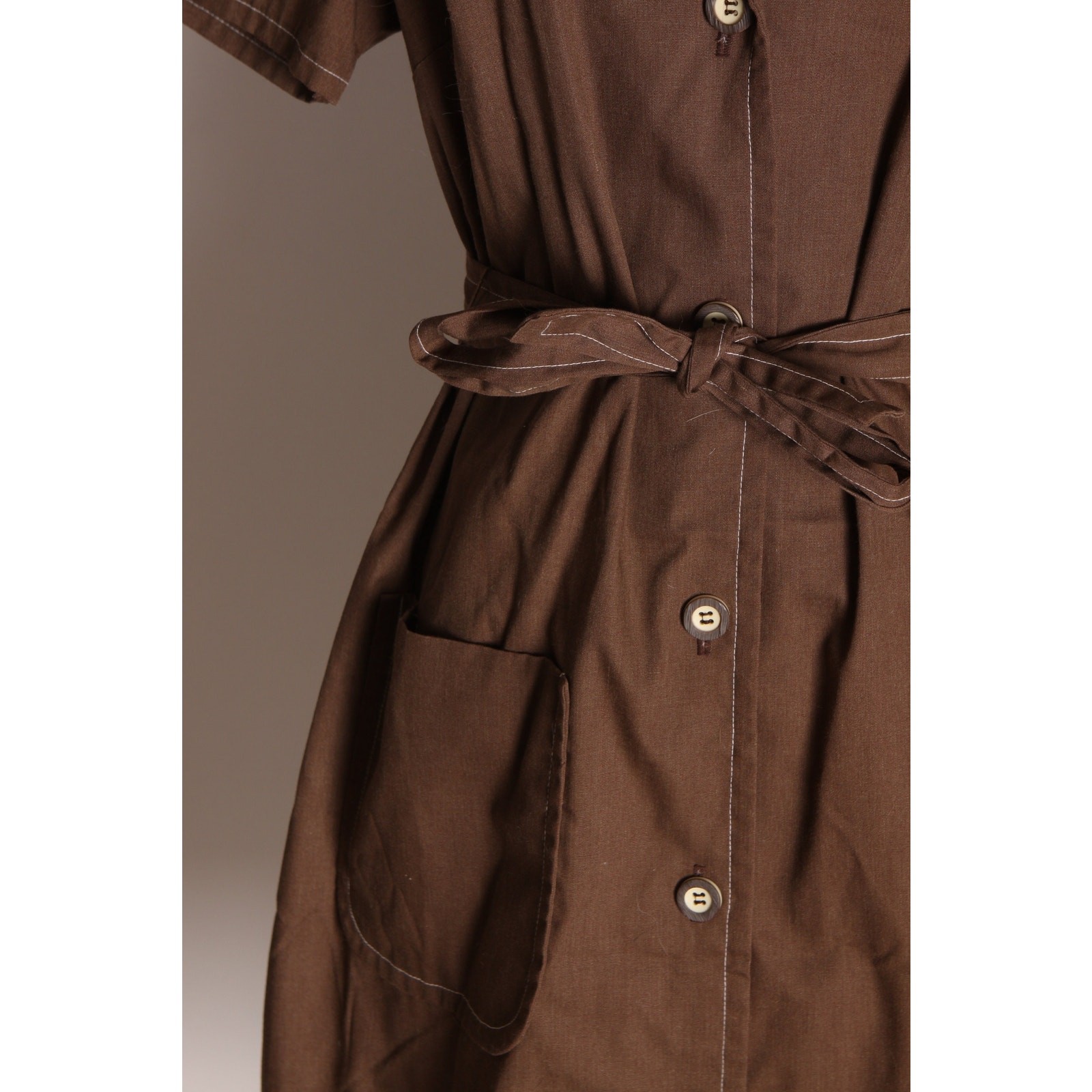 1970s Brown Button Up Short Sleeve Dog Ear Collar Belted Dress by Ship N’ Shore