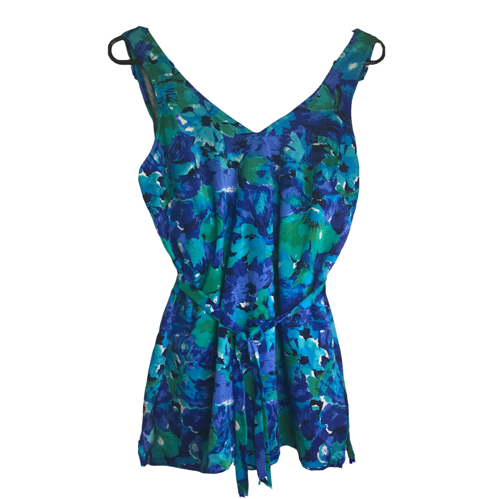 Maxine of Hollywood Size 14 Vintage Bathing Suit Blue Floral Print Belted