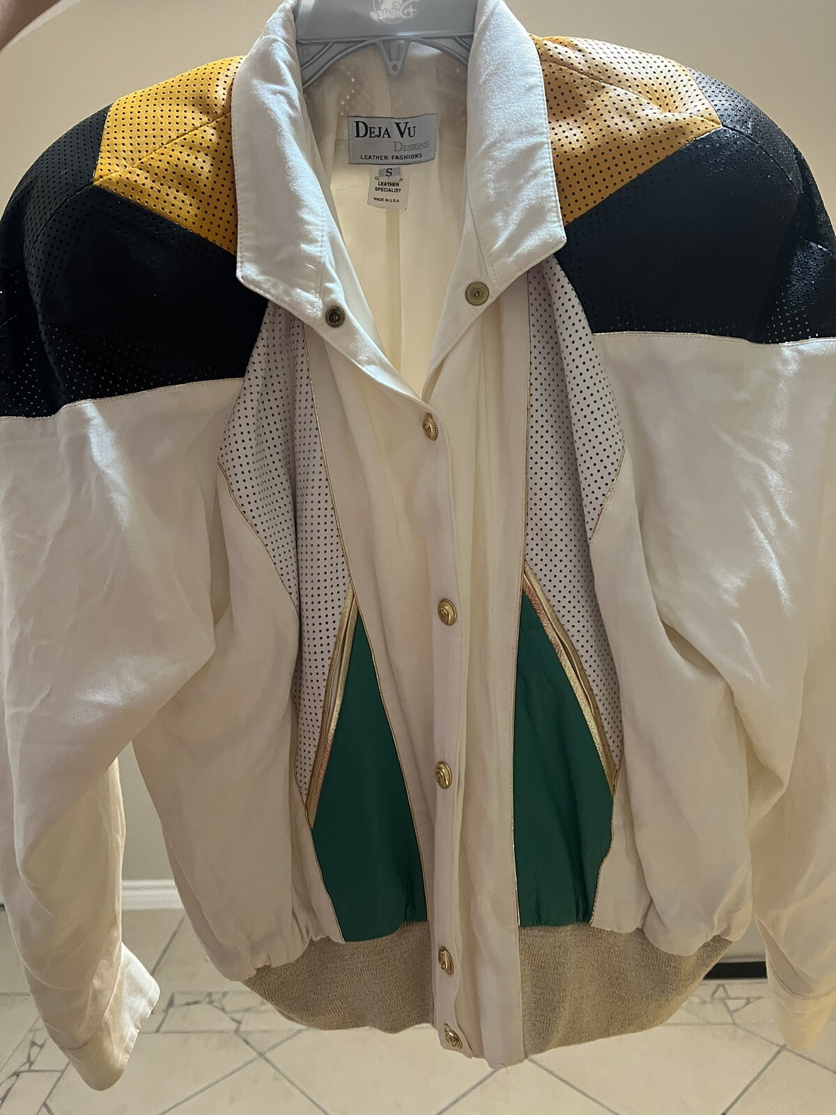 Vintage 80’s Deja Vu Designs COLORBLOCK White Leather Gold Snap Jacket S