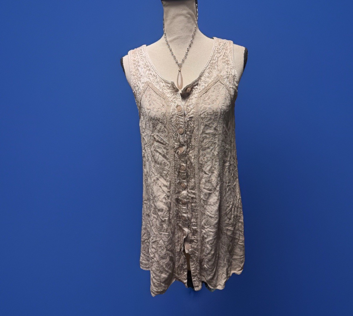Vtg Boho Embroidered Button Front Tie Back Mini Dress Tan Beige One size Hippy
