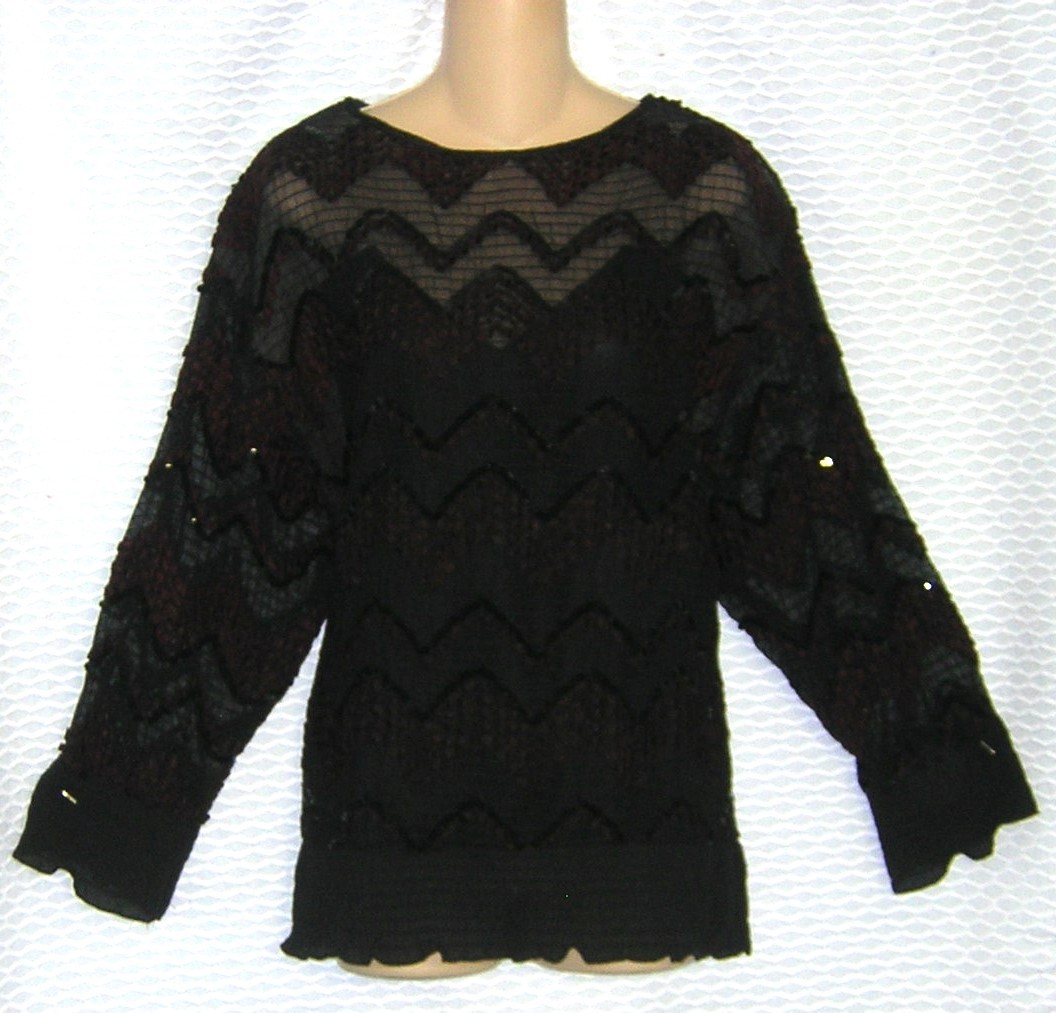 GORGEOUS Vintage 50’s Black SHEER Chevron SEQUINED & Ribbon Embroidered TOP L