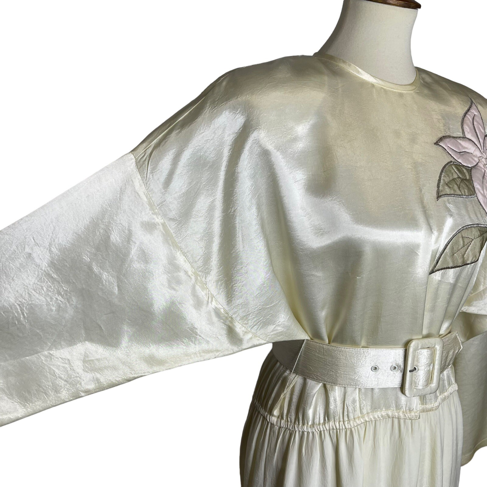 Vintage Choon California Ivory Satin Tiered Maxi Long Dress Belted USA Size 8?