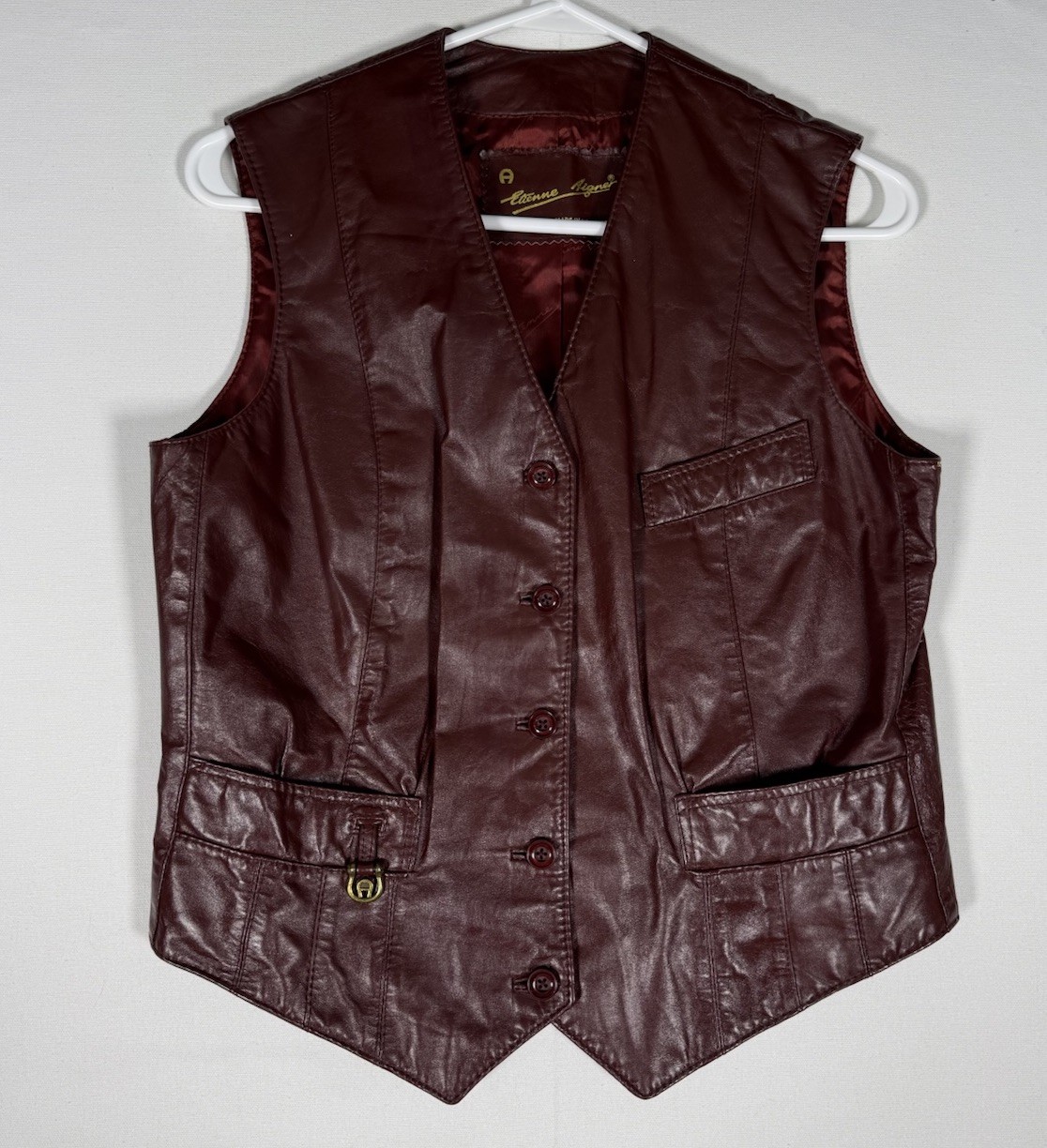 VTG Etienne Aigner Leather Vest Women’s 10 Oxblood Red Sleeveless Hong Kong 70s