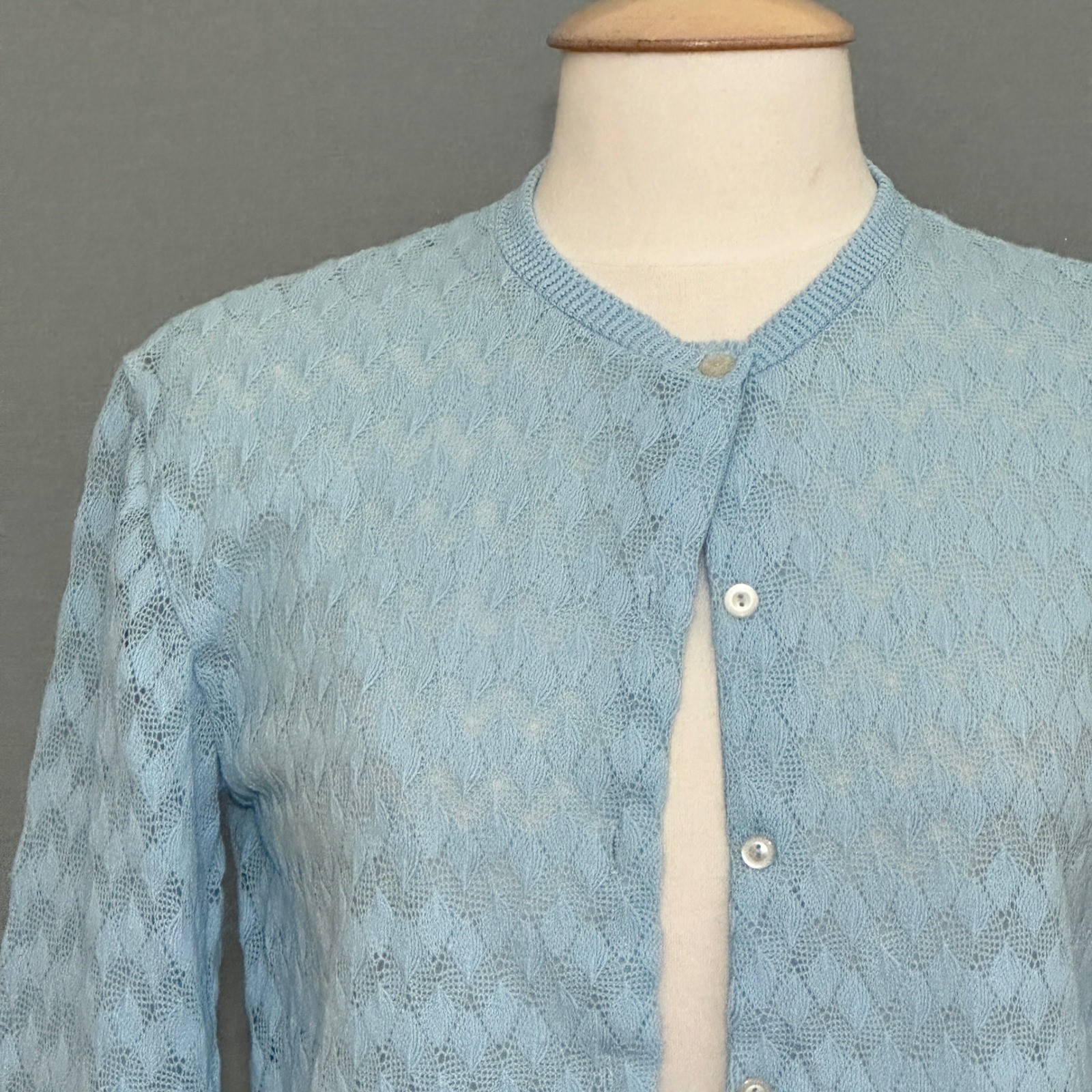 VTG Women Powder Blue Pointelle Knit Cardigan M Pastel Feminine Soft Girl Pastel