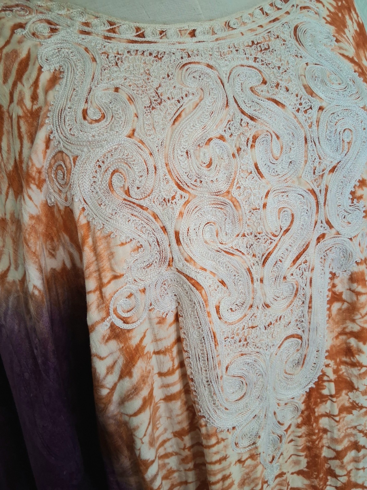 Vintage 1970s Handmade Purple Orange Embroidered Tie-Dye Bohemian Hippie Caftan