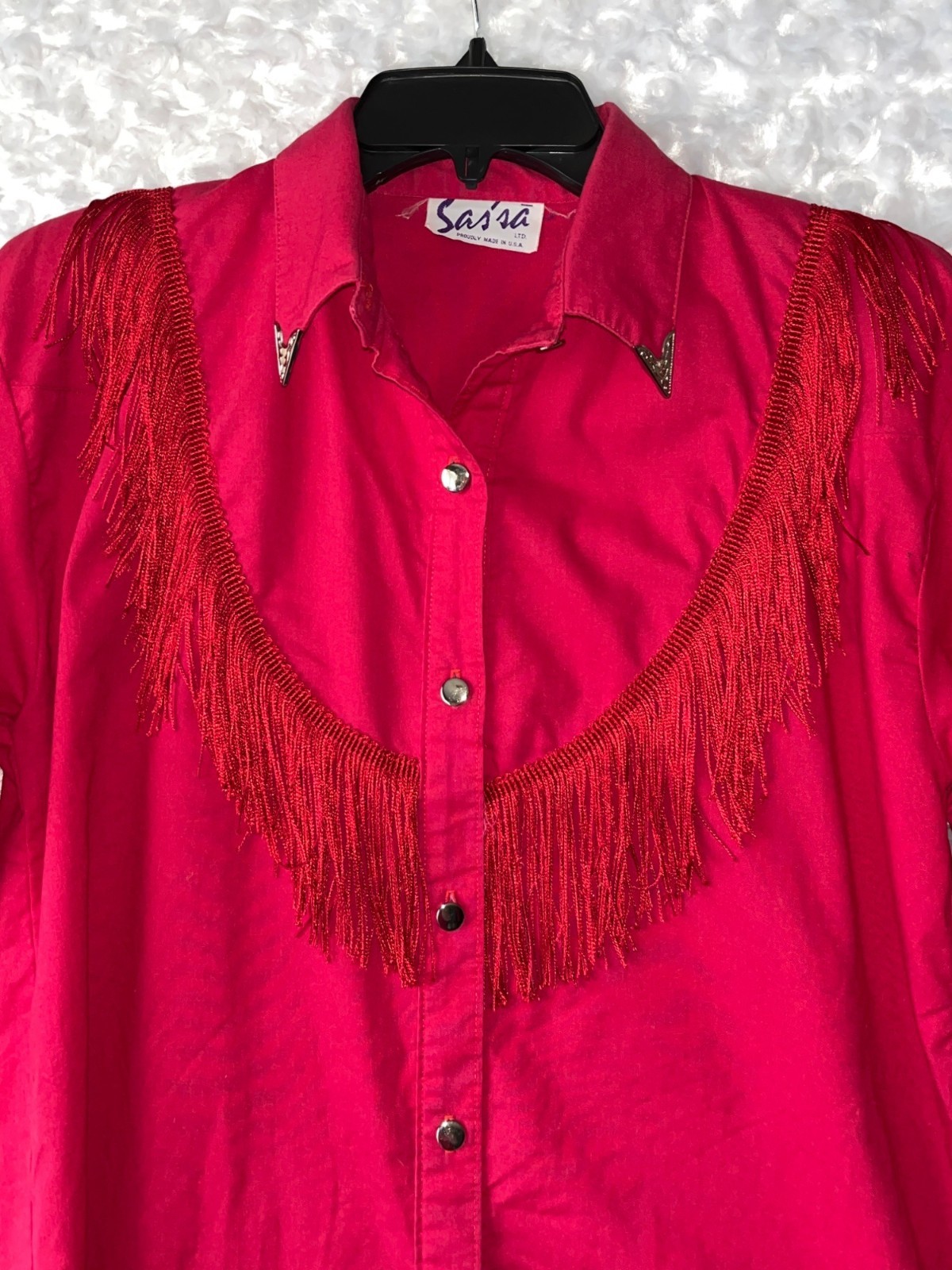 Vintage Sassa Red Western Shirt With Fringe Made In USA Size M Long Sleeve Women