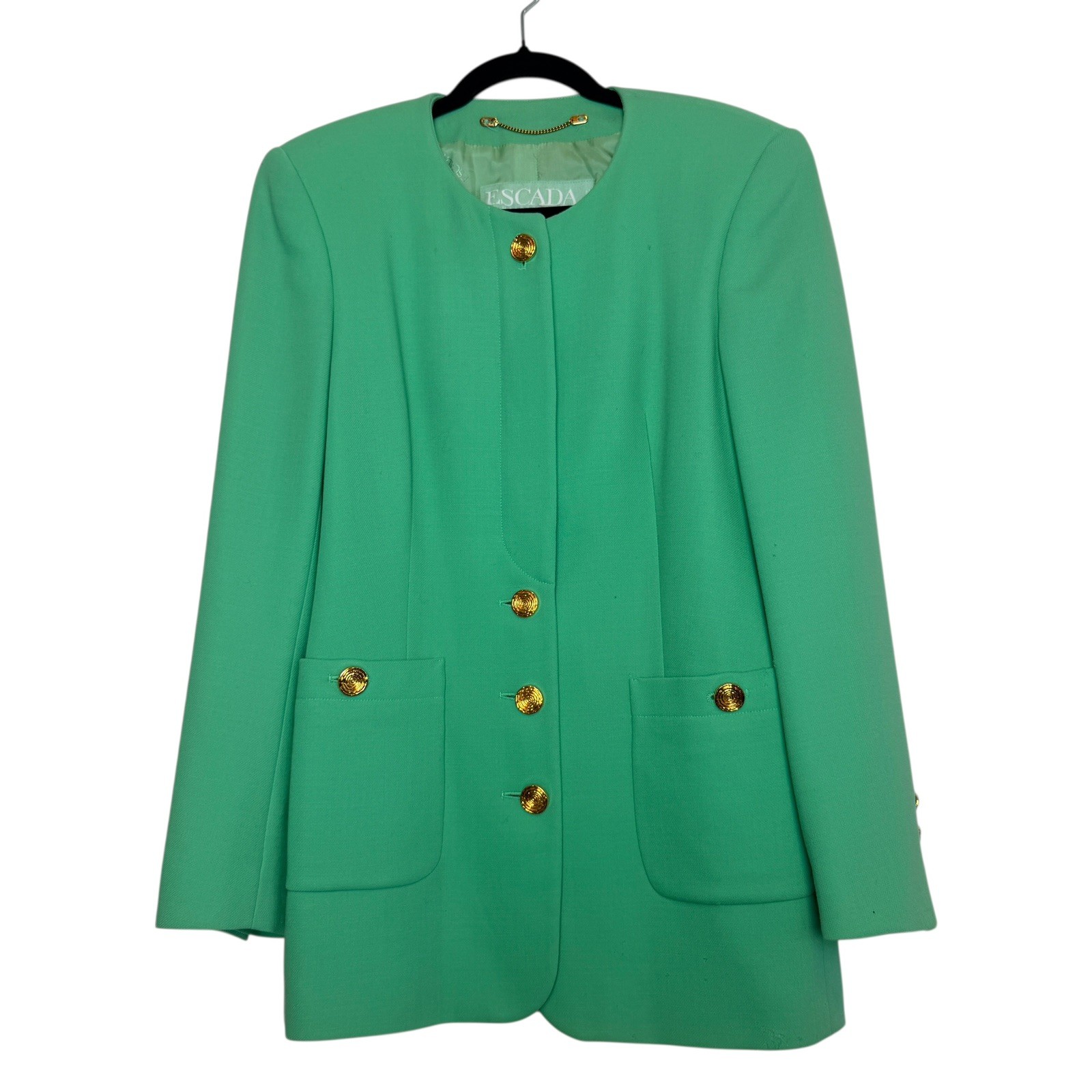 Vng Escada by Margaretha Ley Mint Green Wool Blazer Jacket Size 34 Moth Damage
