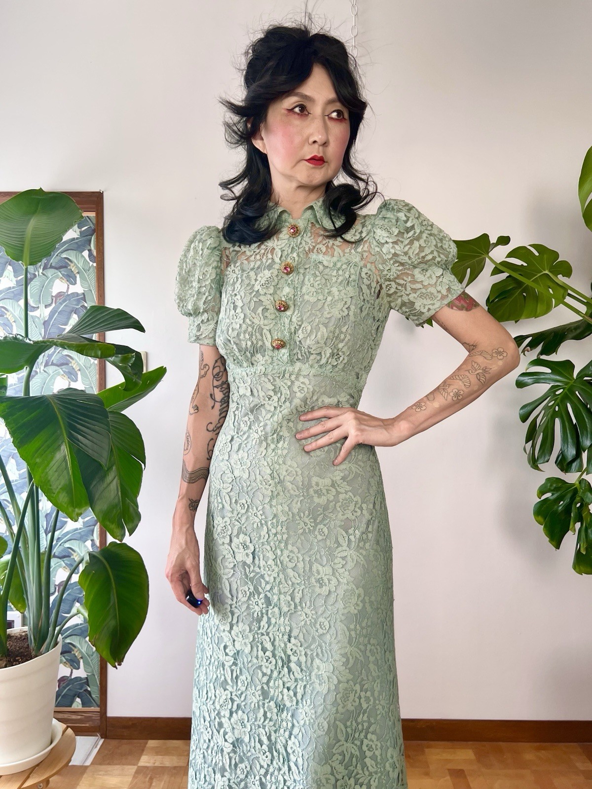 1930s Seafoam Green Floral Sheer Lace Puff Sleeves Gown Dress XS/S Old Hollywood