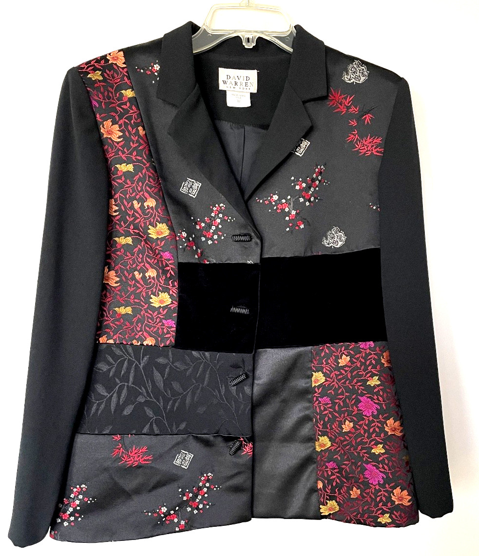 Vtg David Warren NY Blazer Wm Sz 12 Black Satin & Velvet Asian Patchwork USA