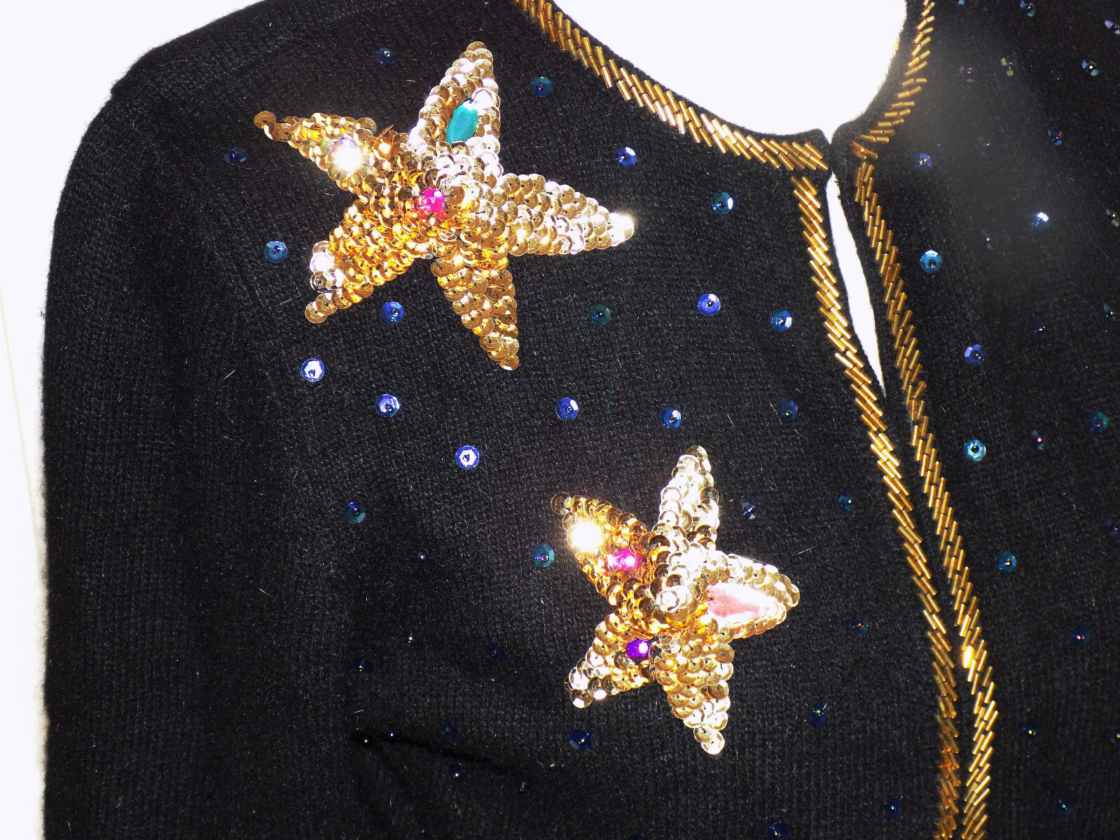 Vintage 80s Black Lambswool Angora Christmas Sweater Sequins Justine Todd M B34