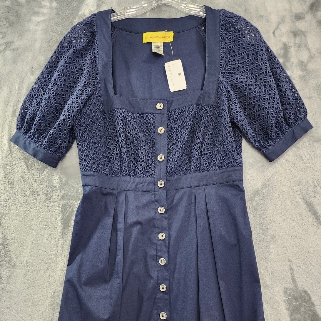 NEW Vintage Catherine Malandrino Dress Womens 6 Blue Square Neck Puff Sleeve