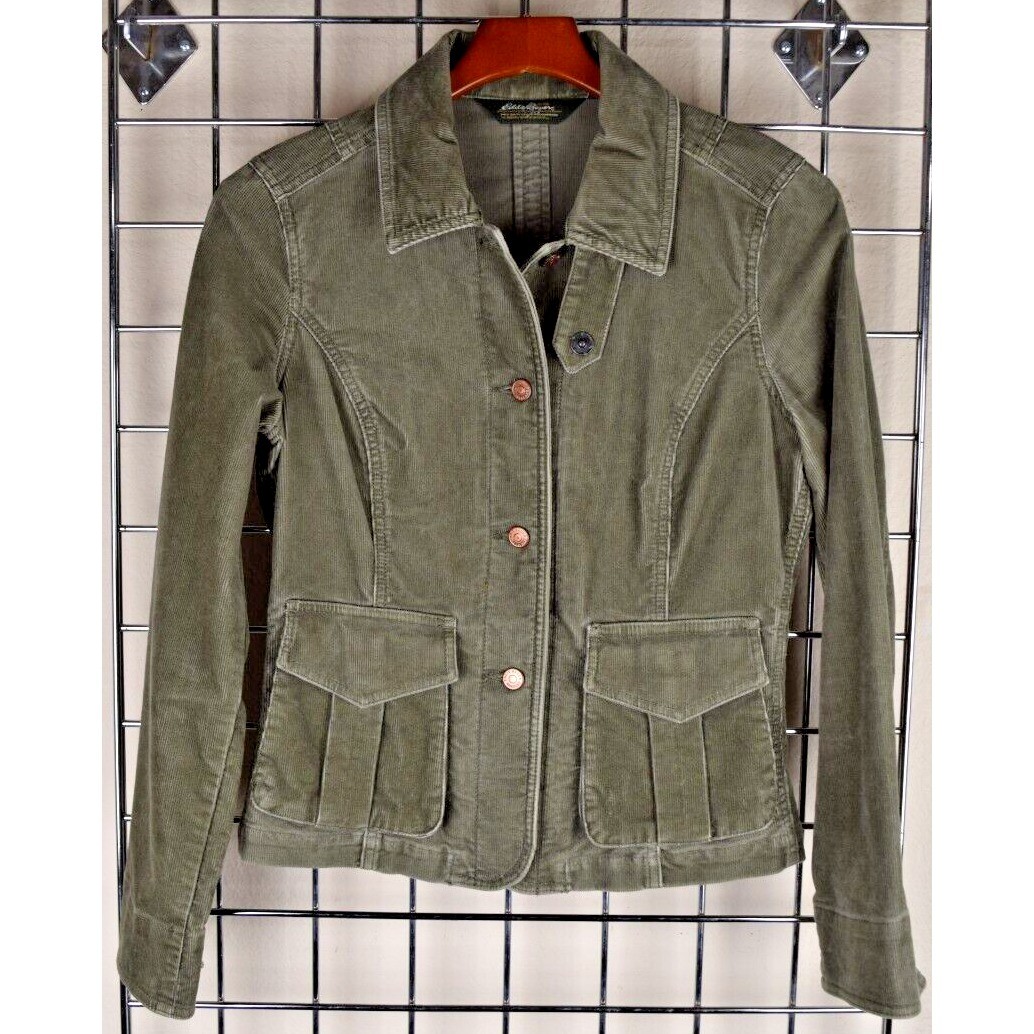 Vintage Eddie Bauer Jacket Size S/M 90s Forest Green Soft Corduroy Bronze Button