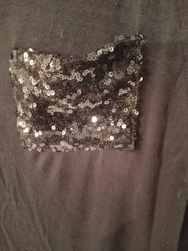 Vision brand women’s black top sequins front pocket L rayon spandex polyester