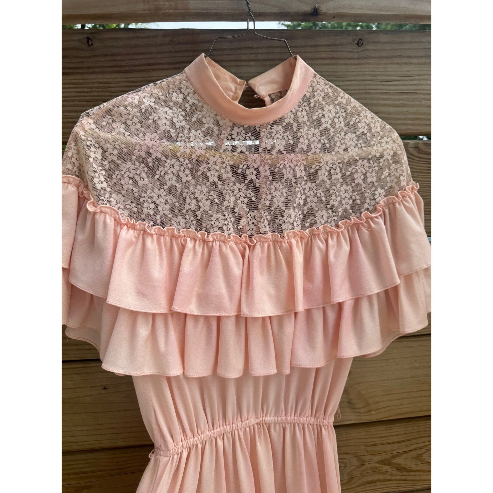 Vintage 1970s Prom Dress Pink Lace Ruffle Caplet Gown Prairie Cottagecore Small