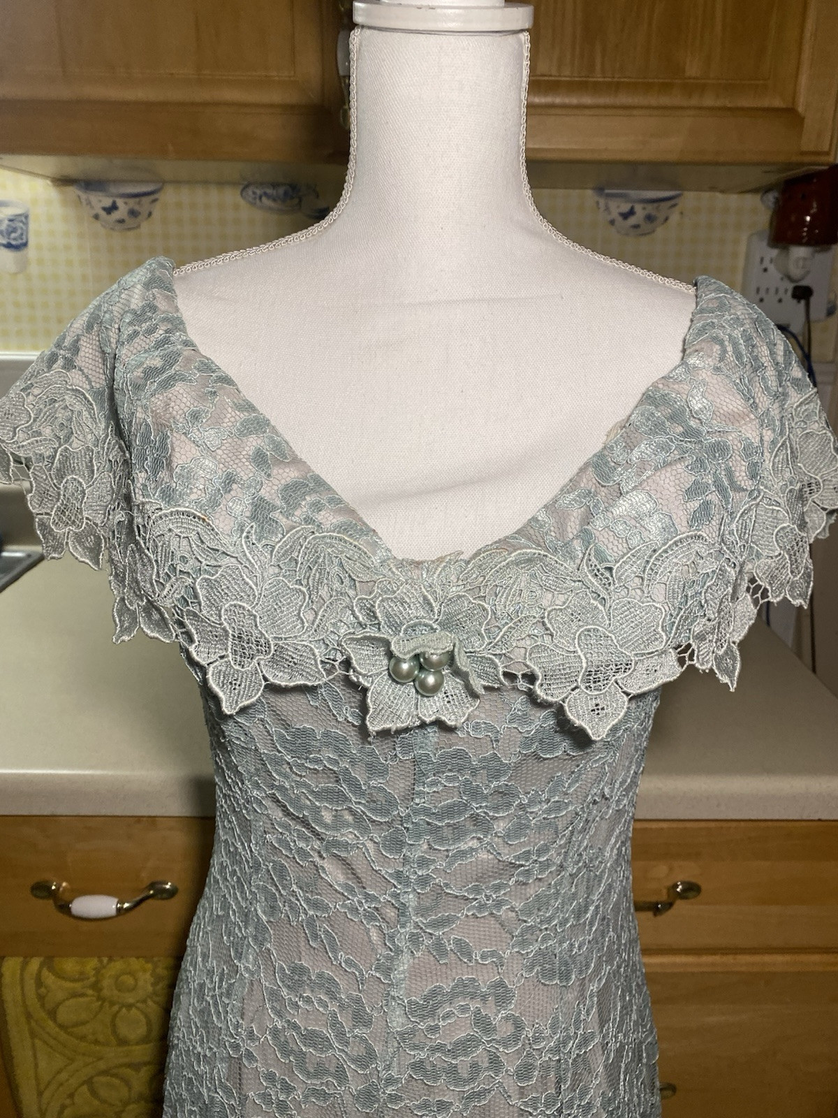 Vtg 80s Dress Cachet By Bari Protas Sage Green Lace Full Length Gown Sz 12