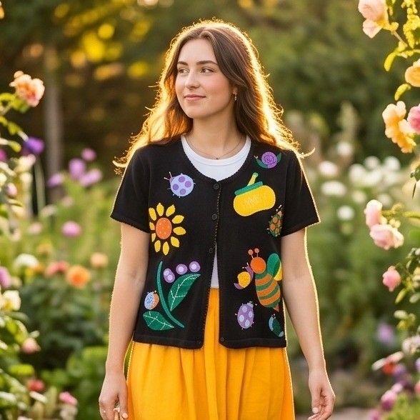 Side Effects of California XL Vintage 90s Garden Bee Snail Cardigan Black NWT