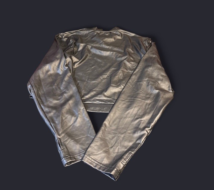 Mandee Black Metallic Lurex Crop Top Vintage Stretch Ruched Sleeve Leather