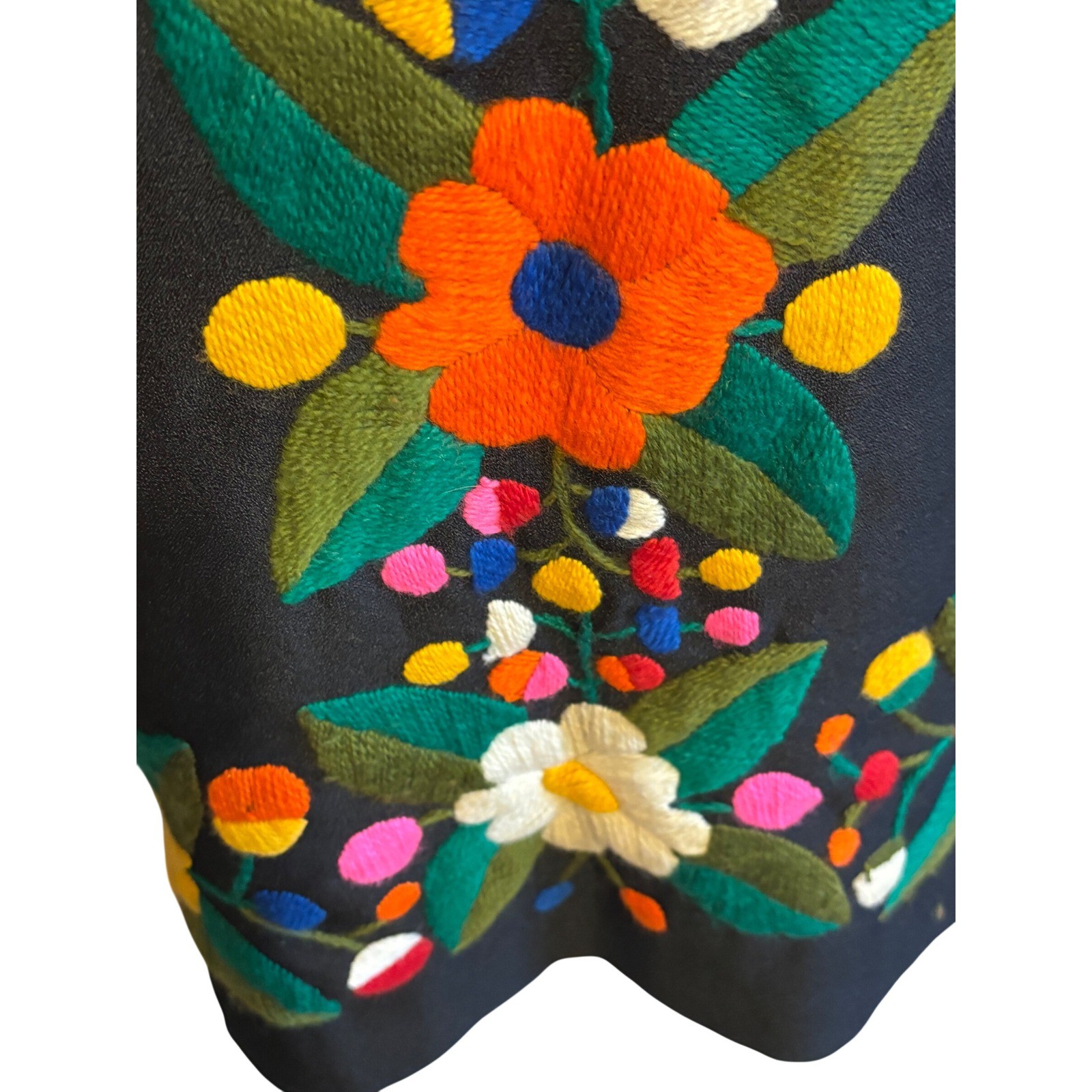 Vintage Thelma Beach Wear Mexico Floral Embroidered Black Shift Dress Midi 10