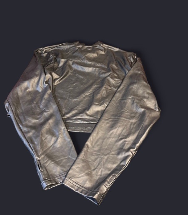 Mandee Black Metallic Lurex Crop Top Vintage Stretch Ruched Sleeve Leather