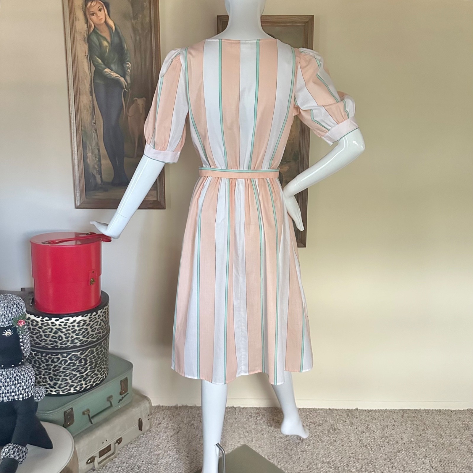 Vintage 1980s Preppy Ice Cream Pastel Striped Apron Day Dress Puff Sleeves M