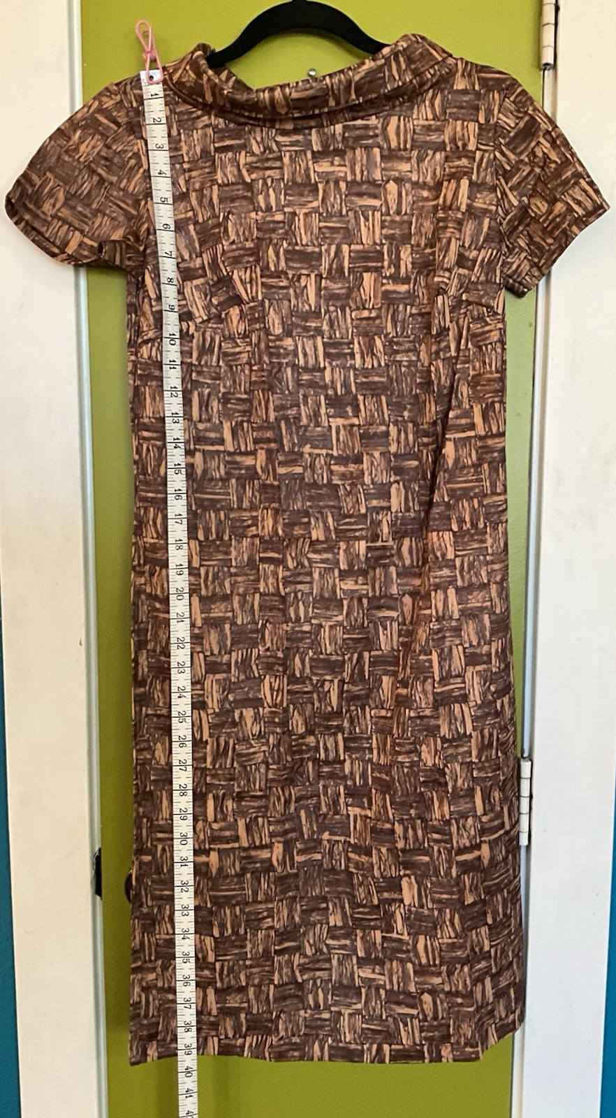 NOS 1960s MOD Jane Emory Fashions Acetate Shift Brown Mad Men S/Sleeve Size 10