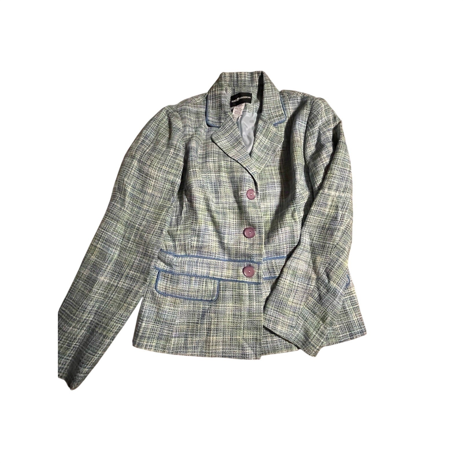 Vintage Sag Harbor Women’s Pastel Tweed Jacket Blazer Suit size 12 In blue green