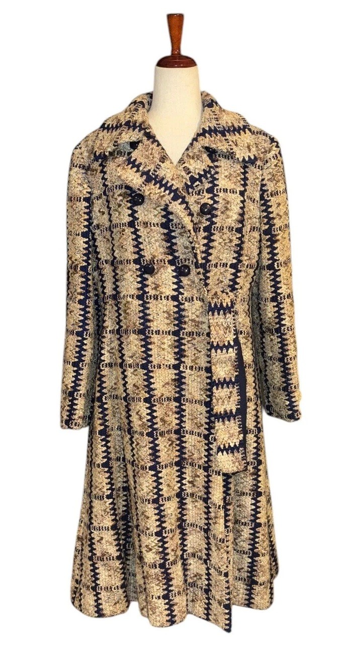 VTG Davidow Tan Blue Brown Chunky Tweed Coat Halle Bro Union Made Women’s Sz M/L