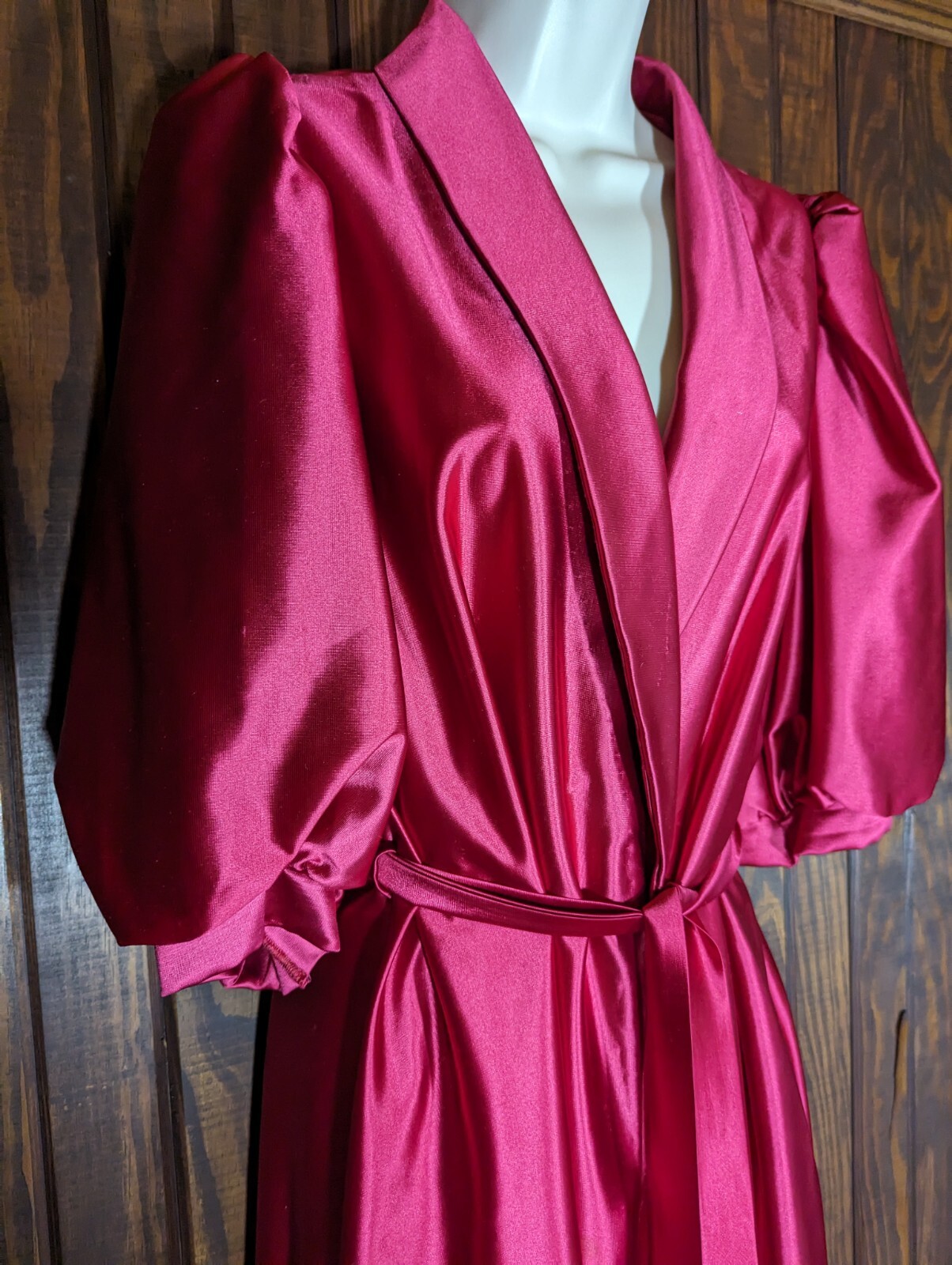 MISS ELAINE VTG 80Ss Rose Pink Satin Long Robe Puffy Sleeves Wrap Belt MED