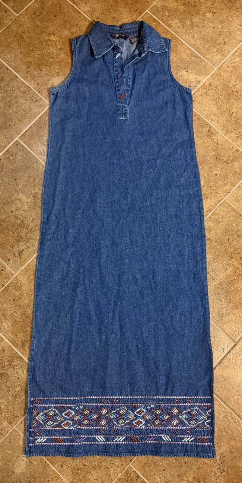 Vintage Agapo Denim Dress Long Sleeveless Embroidered V Neck Slit Sides Sz Small