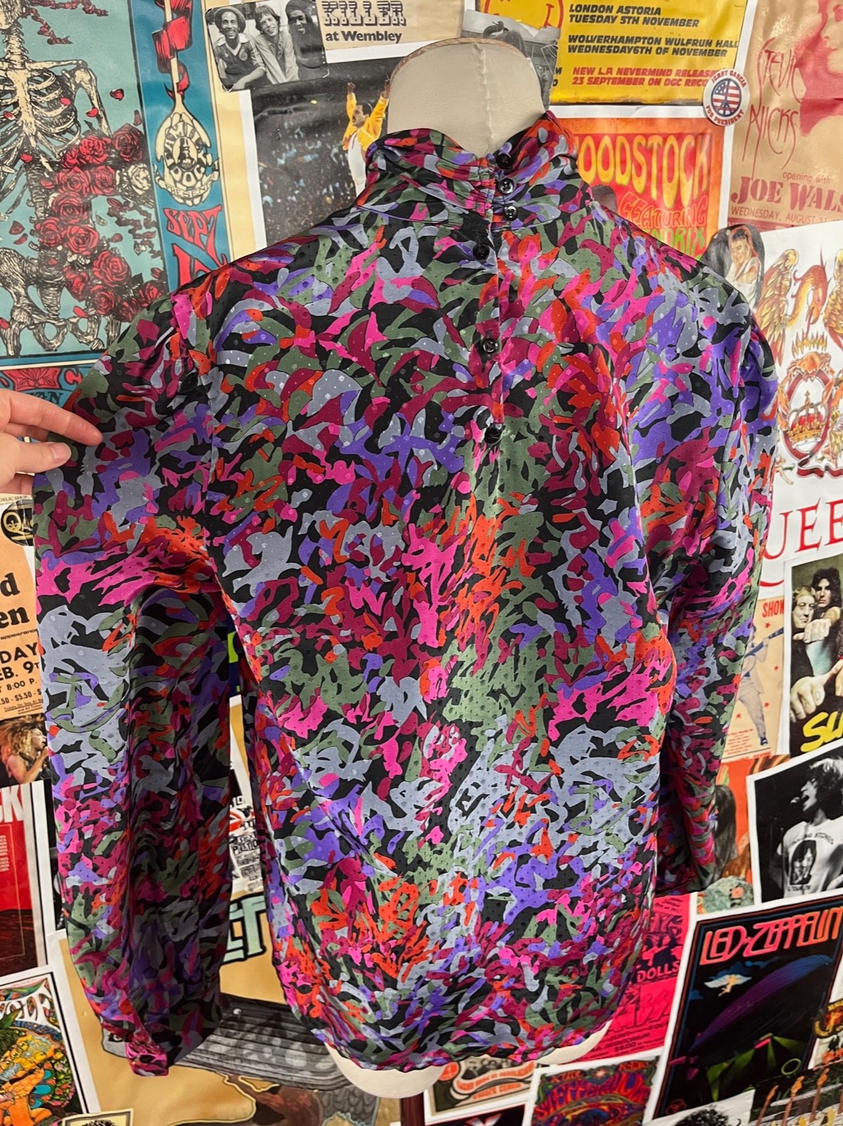 Vtg 90s Pink Multi-Color Abstract Print Long Sleeve Collared Blouse Top Medium