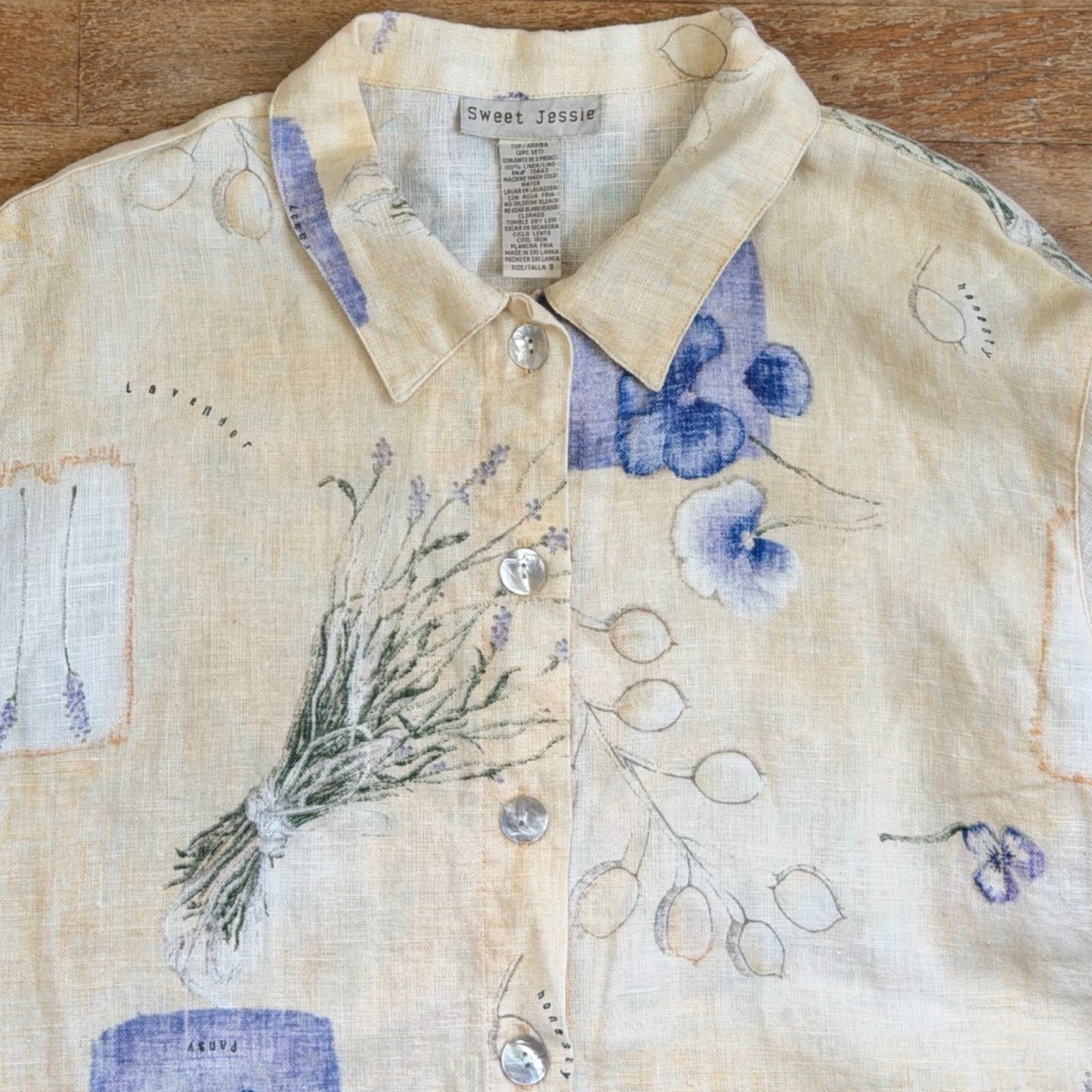 Vintage Pansy/Lavender Floral Print Linen Dress Top Set Size Medium 90s Yellow