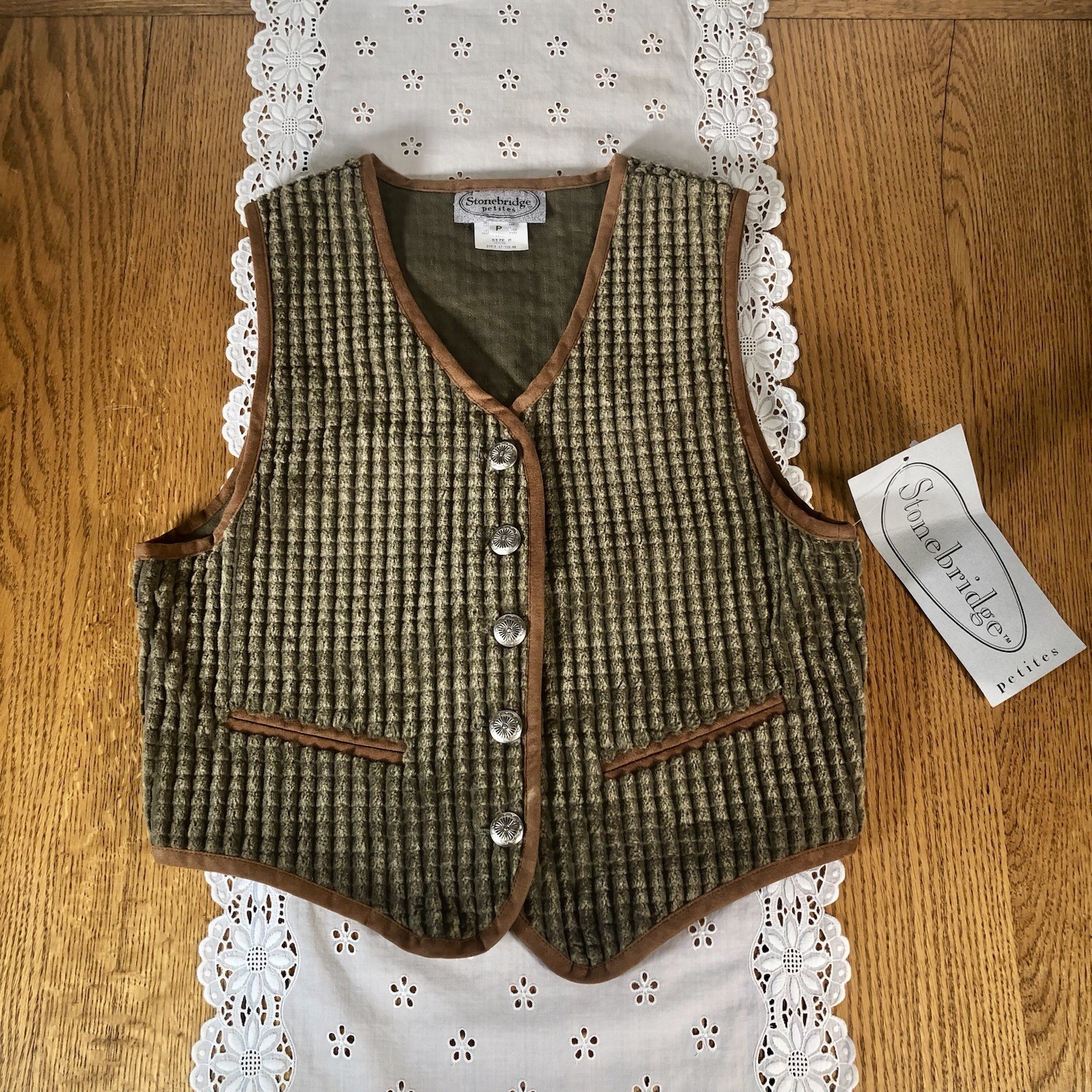 NWT Vtg Womens Classic Style Button Up Fabric Vest Silver Tone Buttons Petite