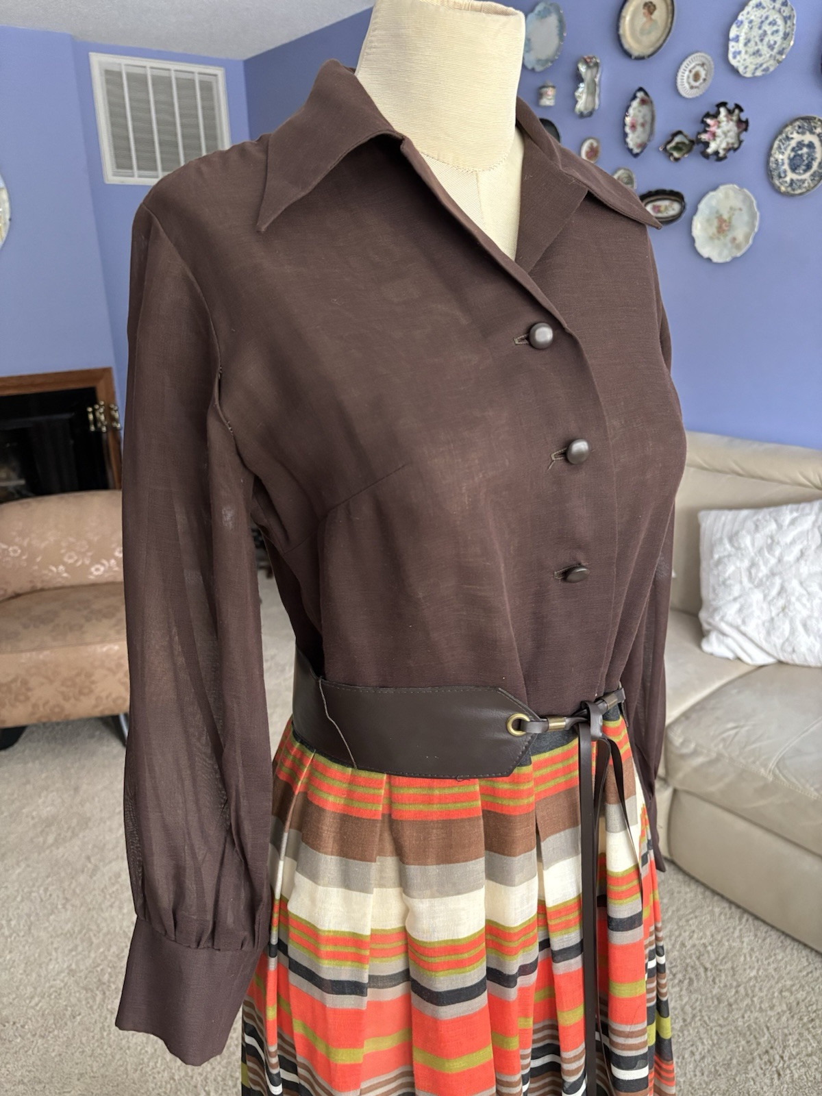 VTG 1970s Maxi Dress Retro Mod Stripe Belt Semi Sheer Brown Orange B34″ W28″ M
