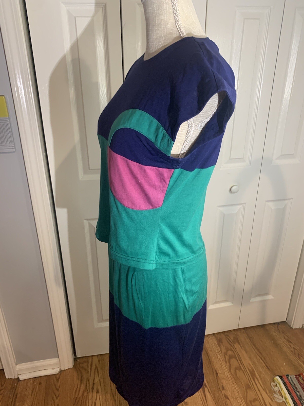 Vintage 80’s Blue Teal Pink Color Block Blouse & Skirt Set Size 6 Slim Bright