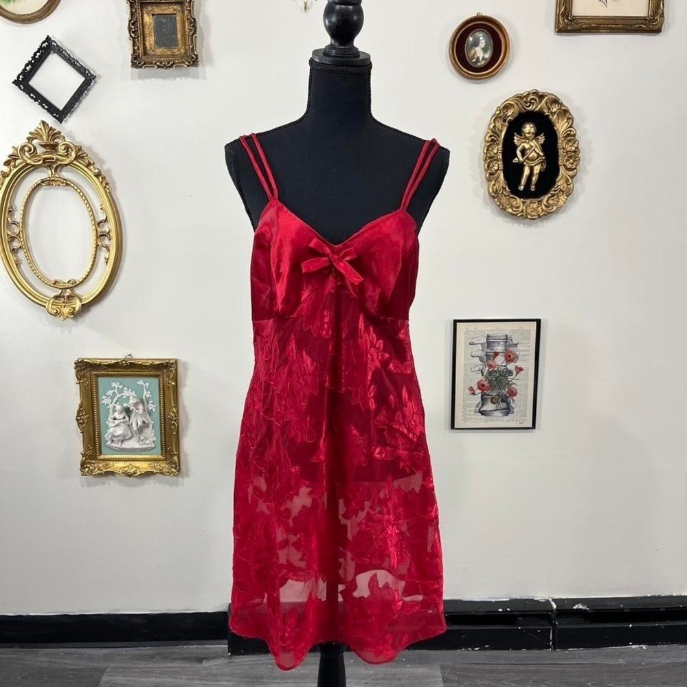 Vintage Y2K Frederick’s of Hollywood Red Sheer Floral Slip Dress