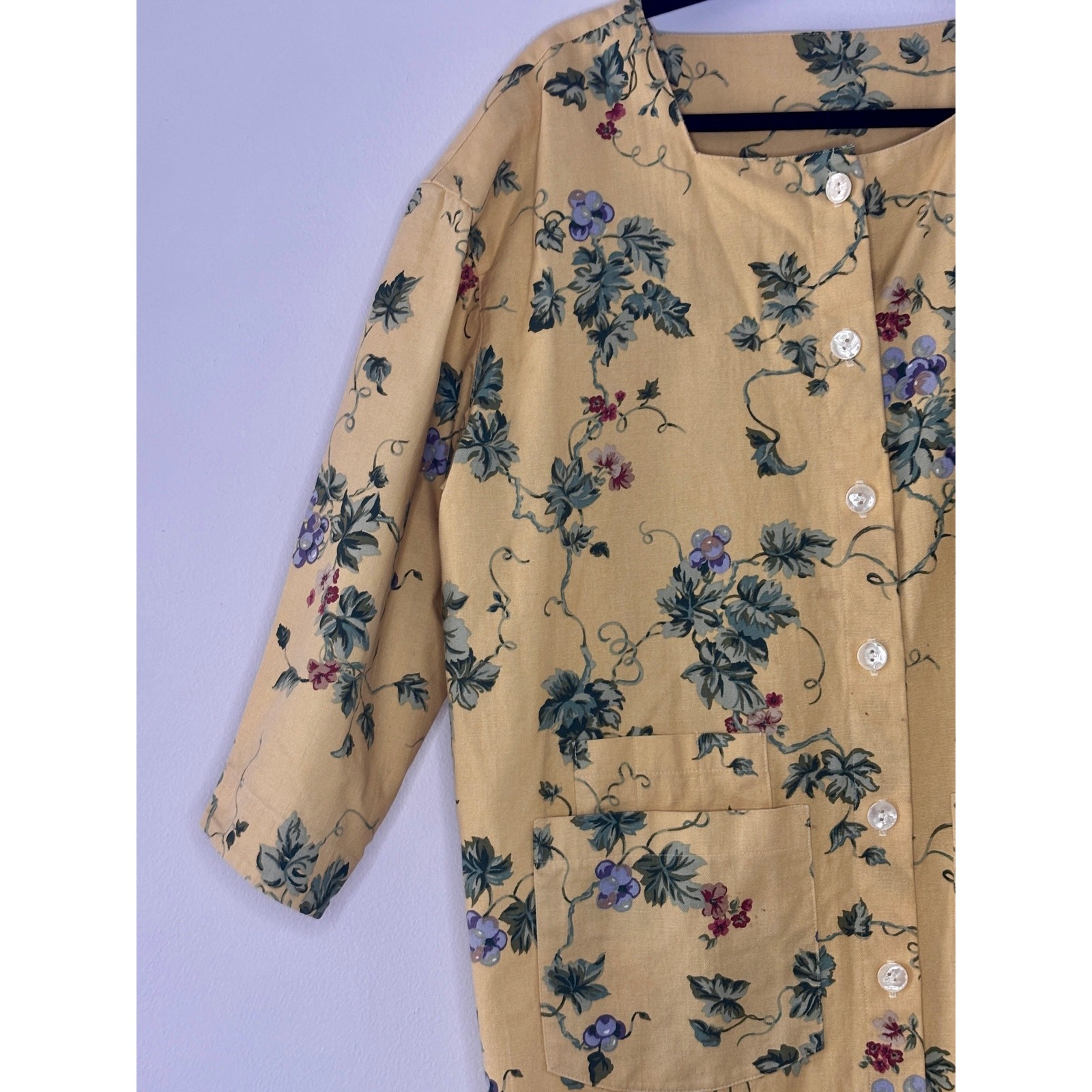 Vintage 1980s Gianna Rose Butter Yellow Floral Tunic Smock Chore Coat Artist S