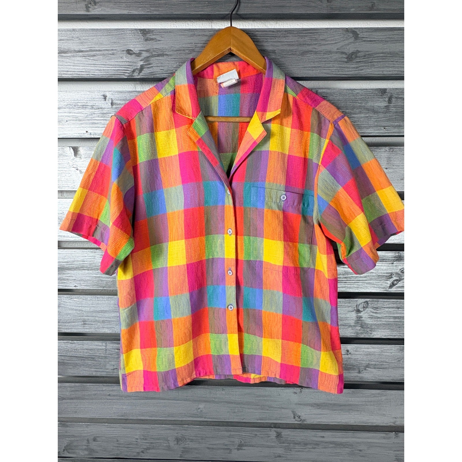 Vintage 80s Koret Rainbow Plaid Colorblock Shirt Womens 12 USA Short Sleeve