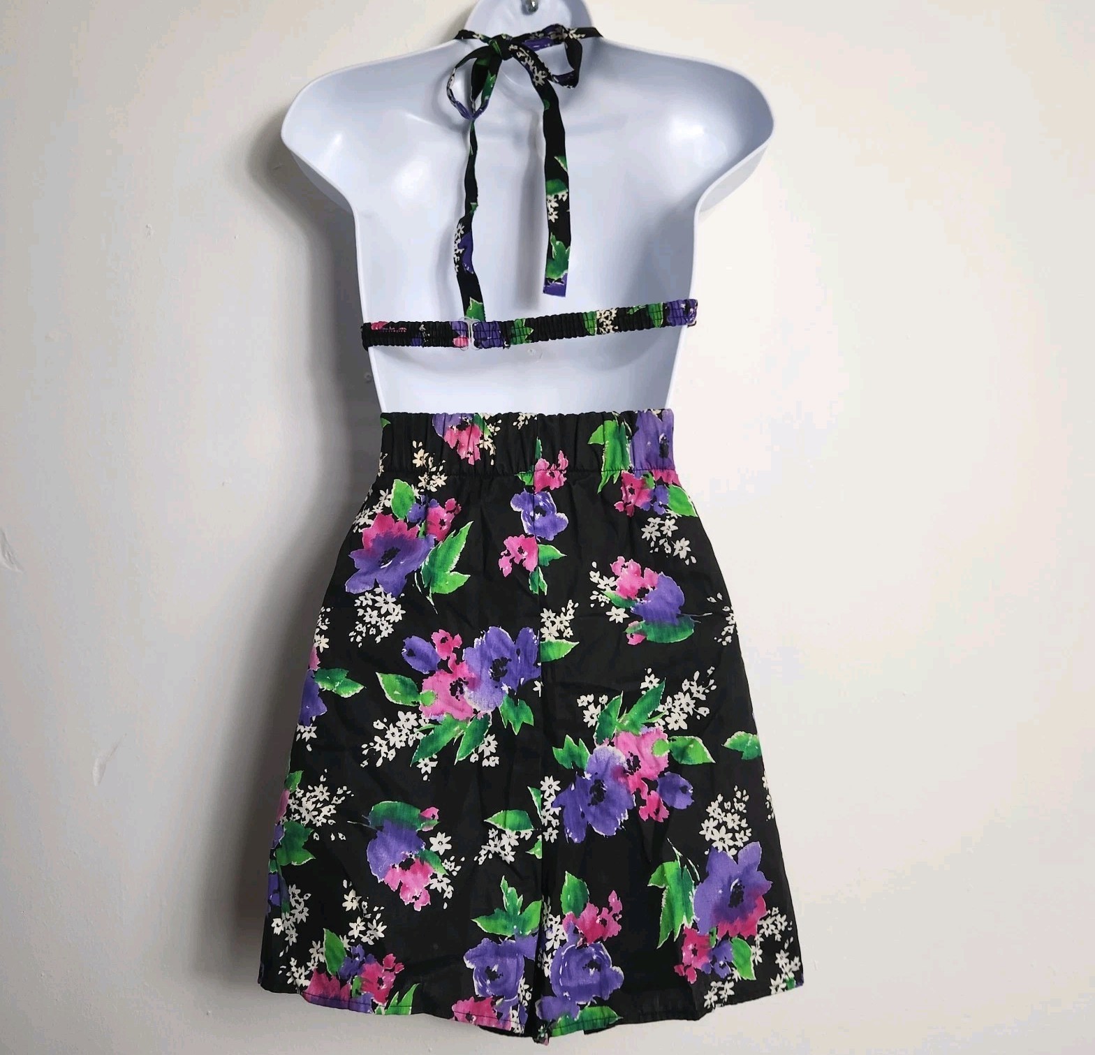 Vintage 80s Ocean View 2 Pc Swimsuit Size 10 Floral Halter Bikini Skirted Shorts