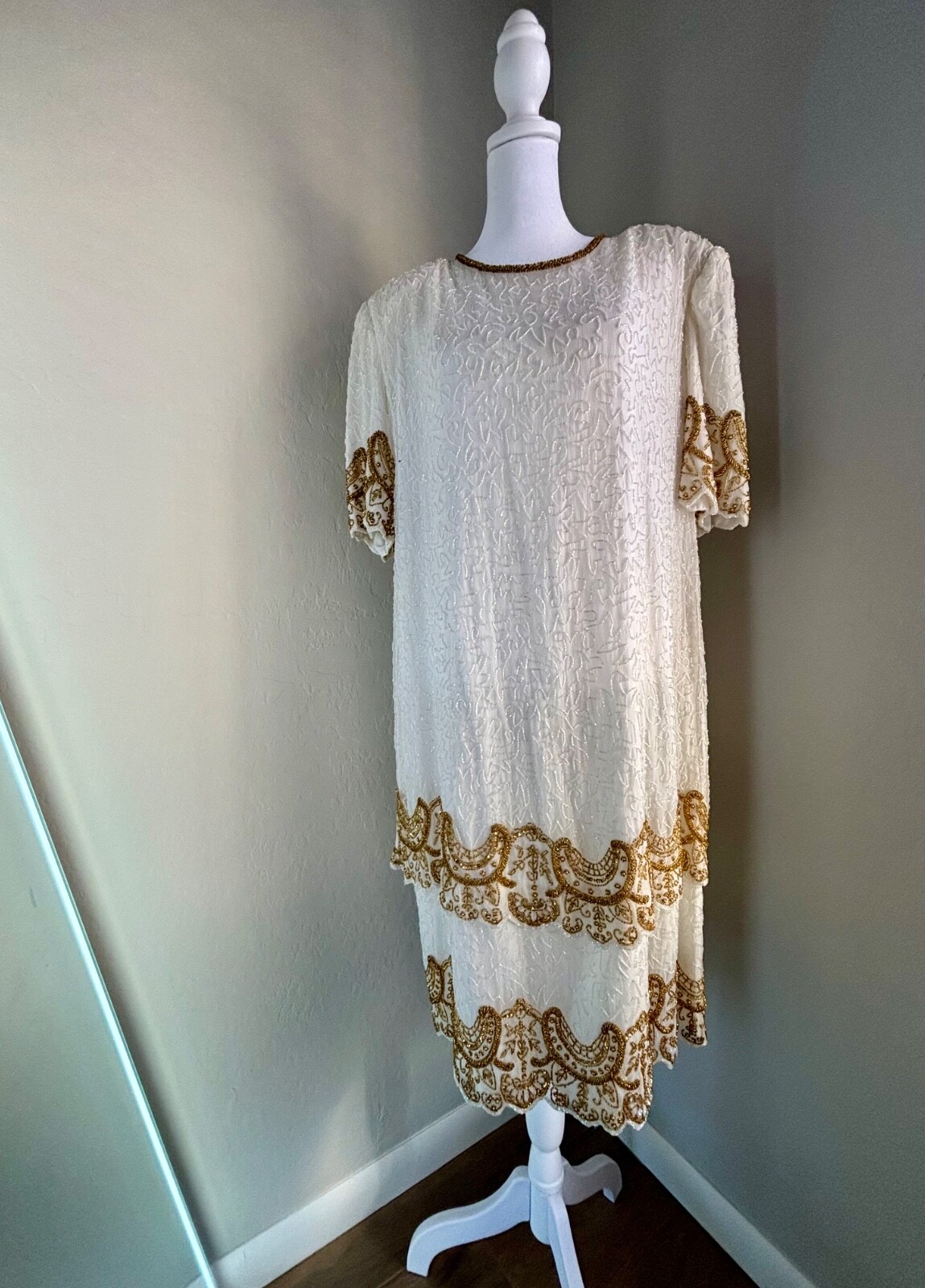 Vintage Brilliante by J.A. 100% Silk White and Gold Beaded Dress-XXL