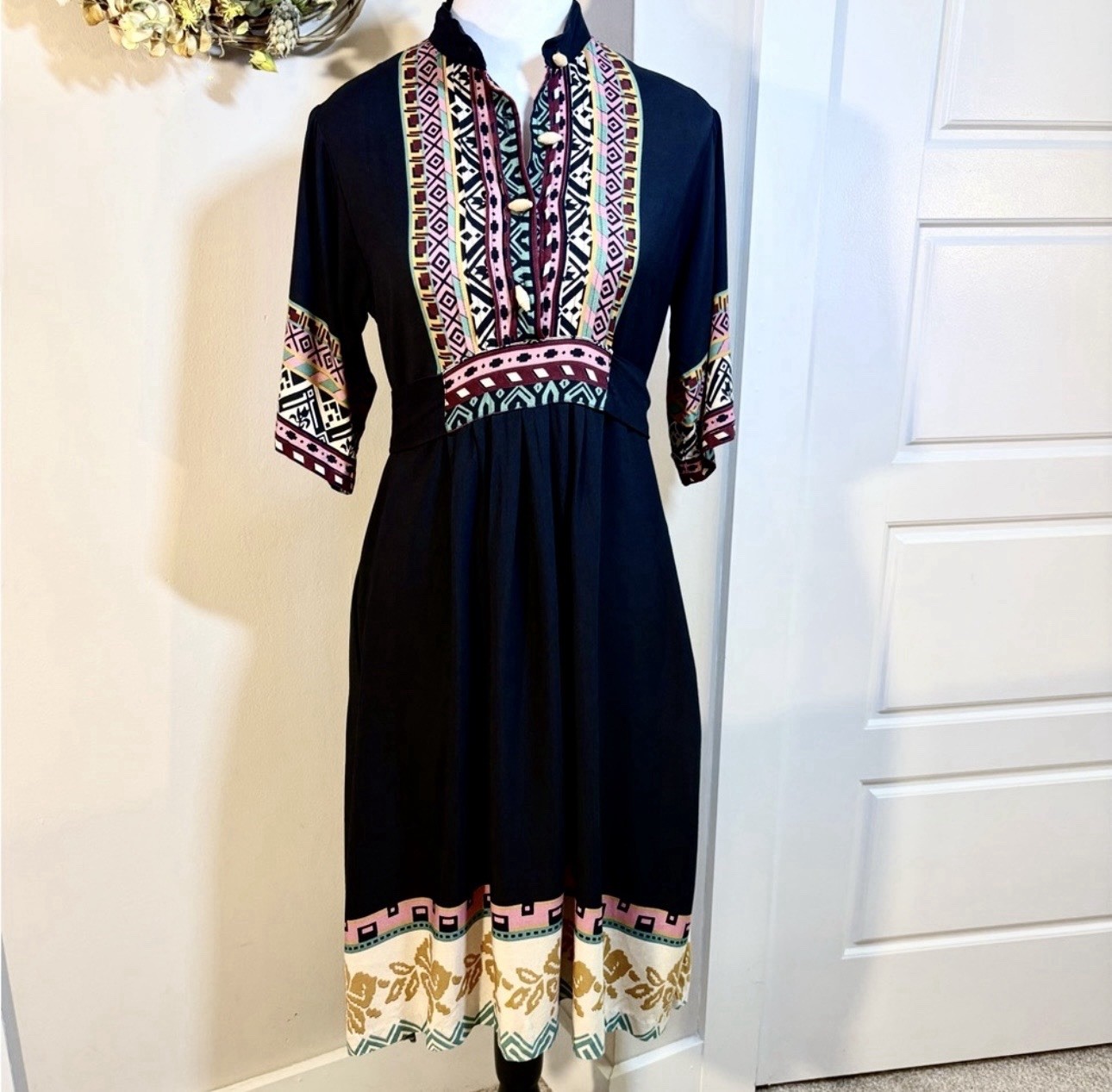 💥Vintage Ragtime Boho Midi Dress Pintuck Bodice Bodice Sz S💛