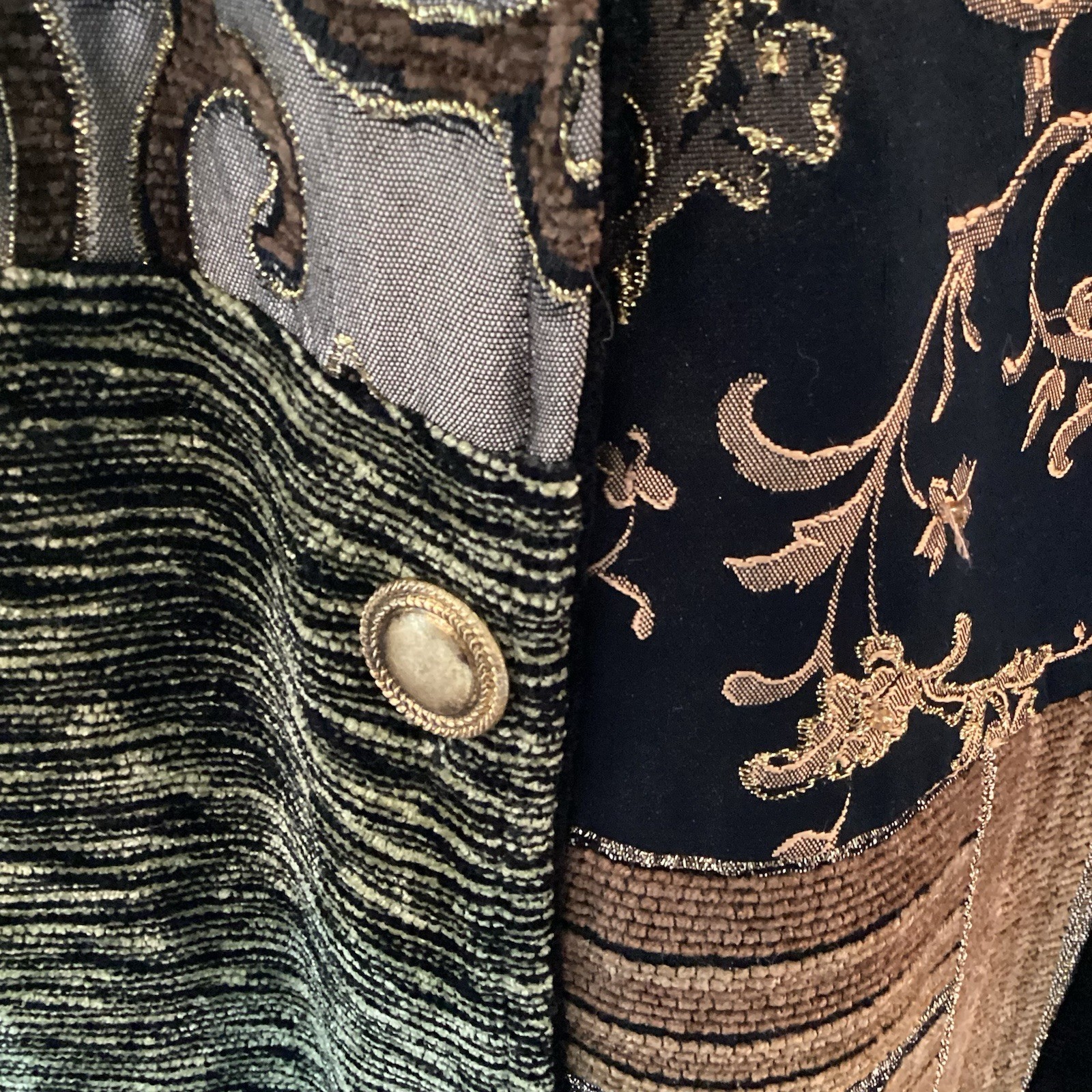 Vtg Maggie Barnes Jacket Retro Patchwork Boho Embroidered Chenille 3X Black Gold