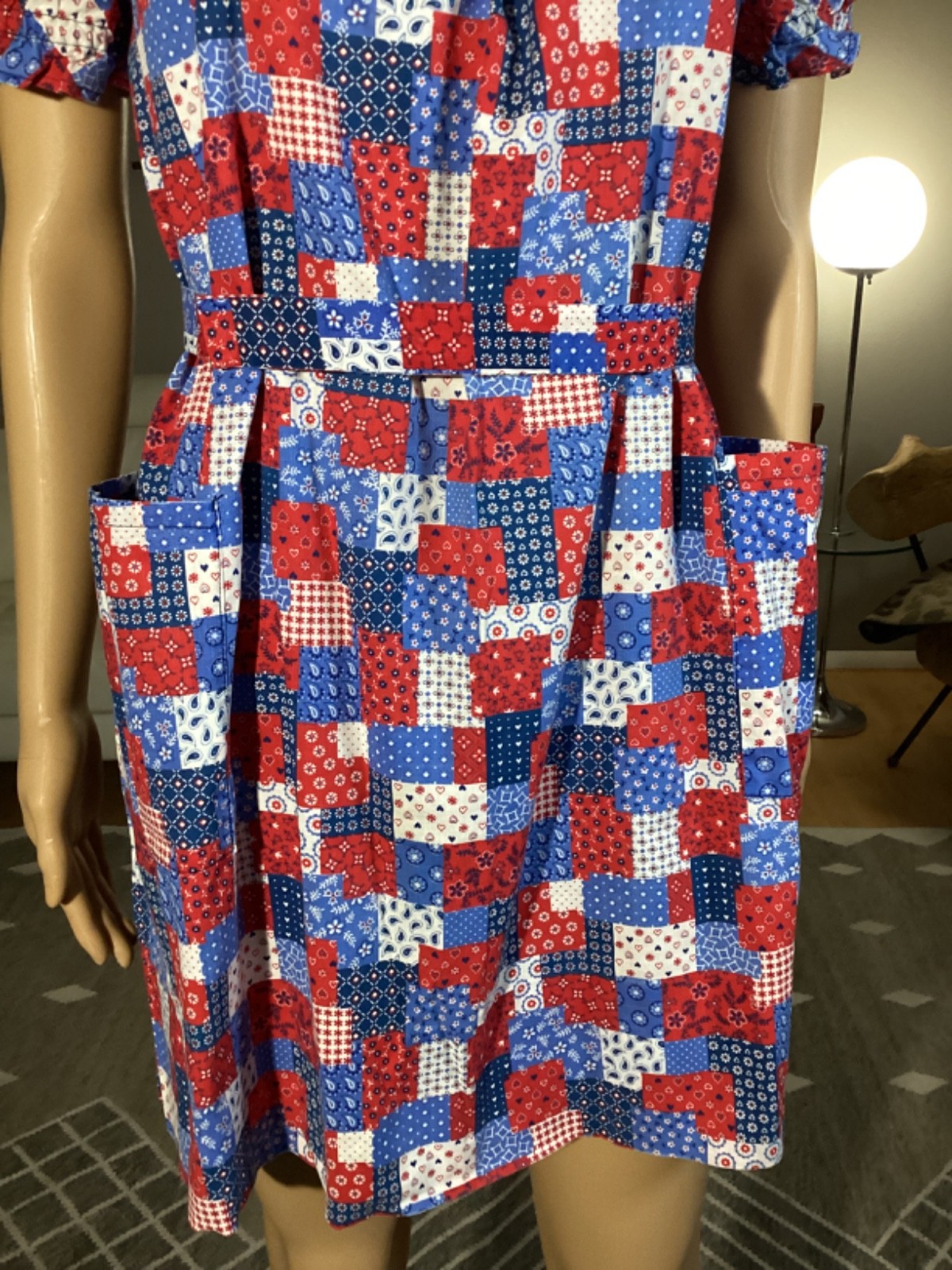 Vintage 1970’s Patchwork Pattern Belted Mini Dress Hippie Boho Open Pockets