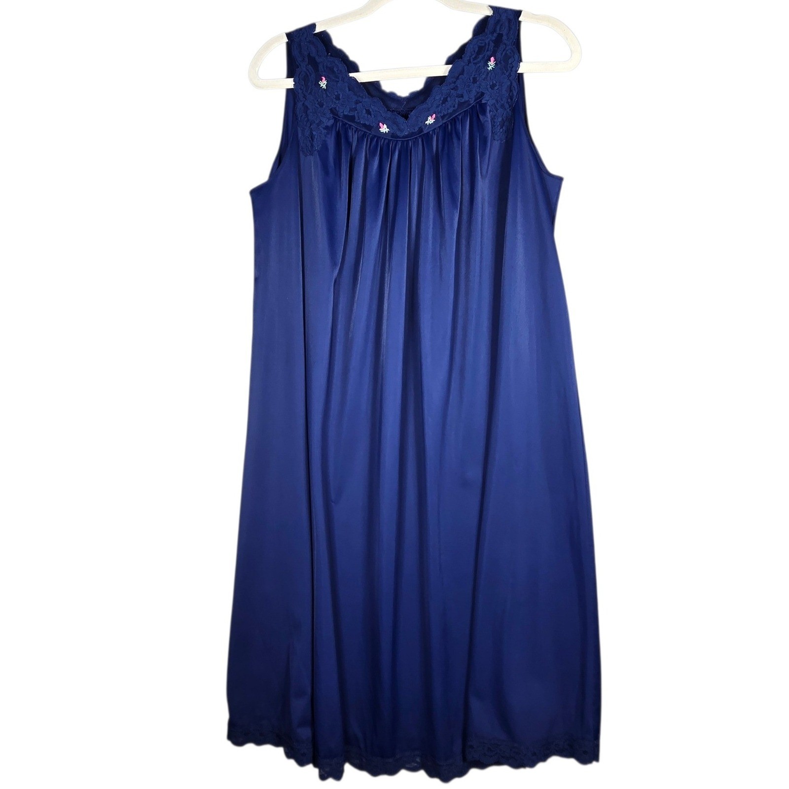 Shadowline Vintage Nightgown Womens Medium Blue Lace Trim Sleeveless Nylon Flaw