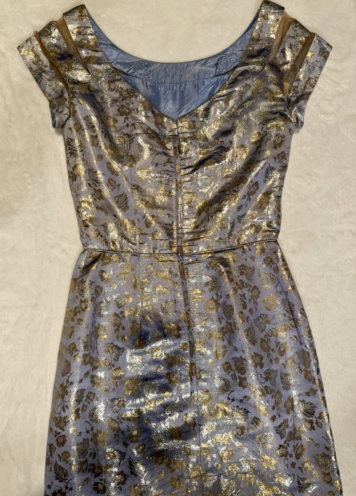 Vintage 1960s Peggy Hunt Silk Brocade Cocktail Dress 26” Waist Gold Floral