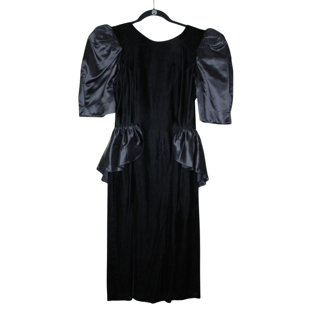 80s VTG black velvet midi prom dress satin peplum puff sleeves low back gothic