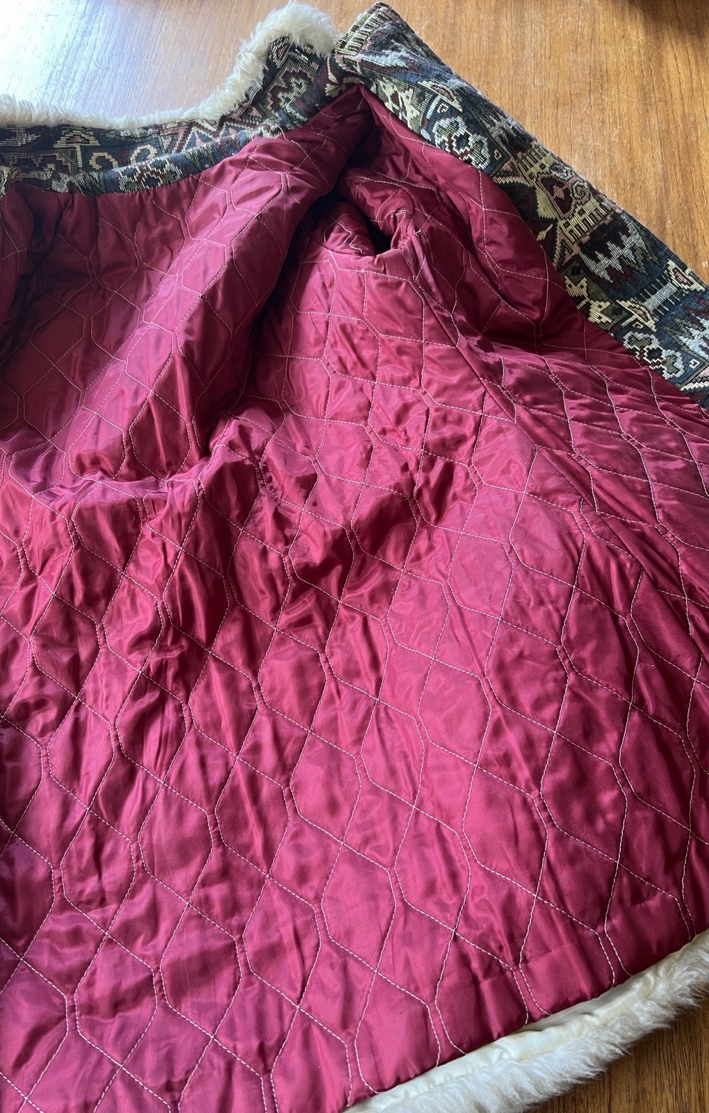 Vtg 60’s Boho Tapestry Carpet Coat Faux Fur