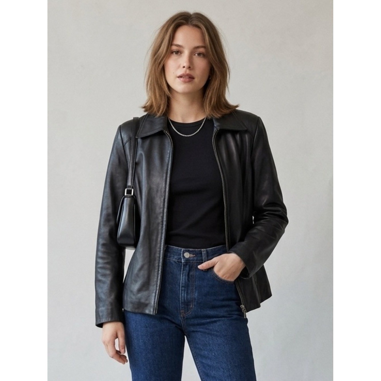 Vintage Worthington Black Genuine Lambskin Leather Jacket M 90s Minimalist