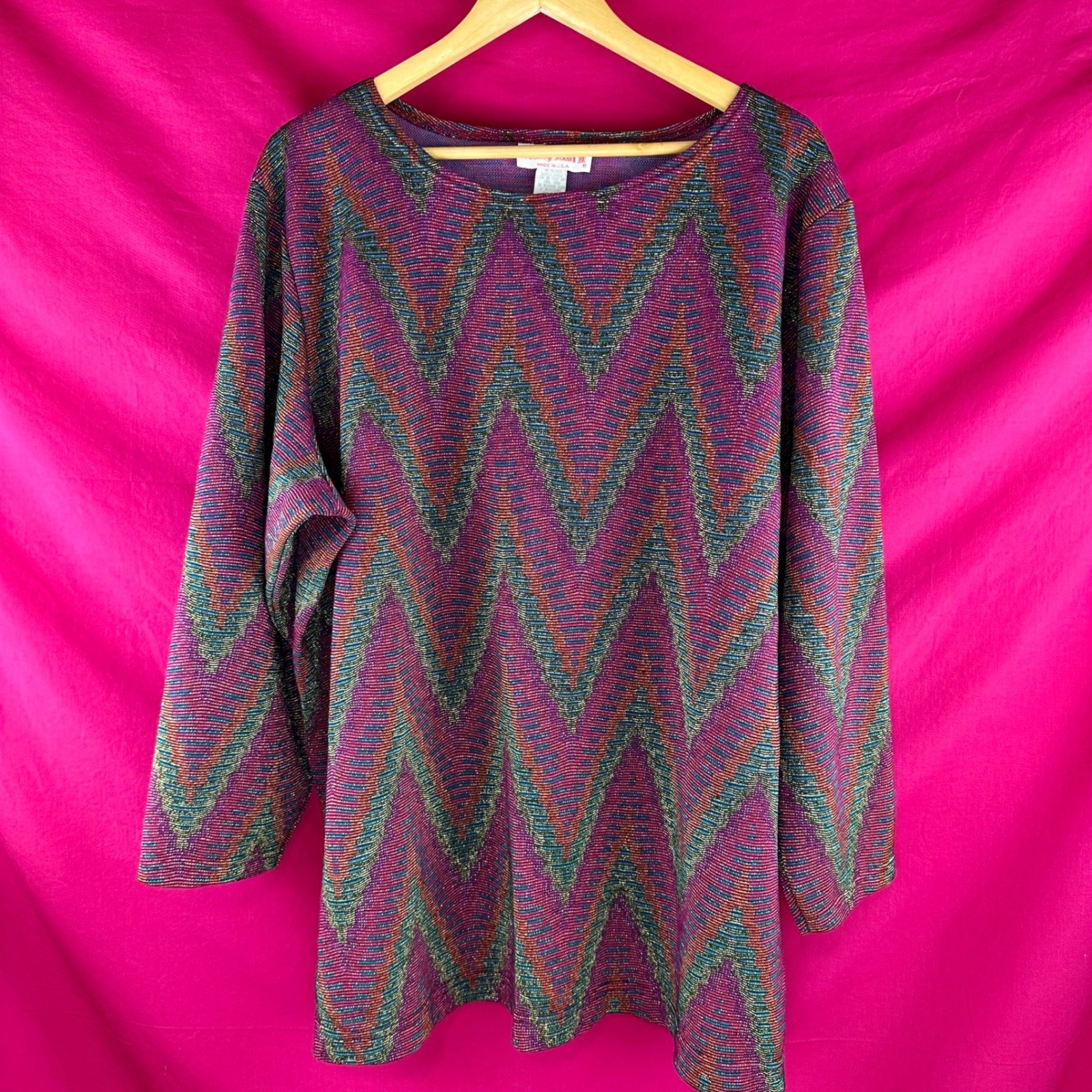 Metallic Vintage 80s 90s Chevron Knit Tunic Top Pink Sparkle 3X Holiday Glam